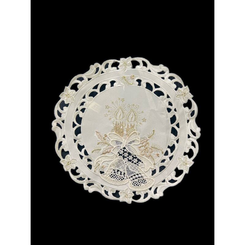 Christmas Candle Beige Lace Embroidered Cutwork Round Placemat, 12" dia.