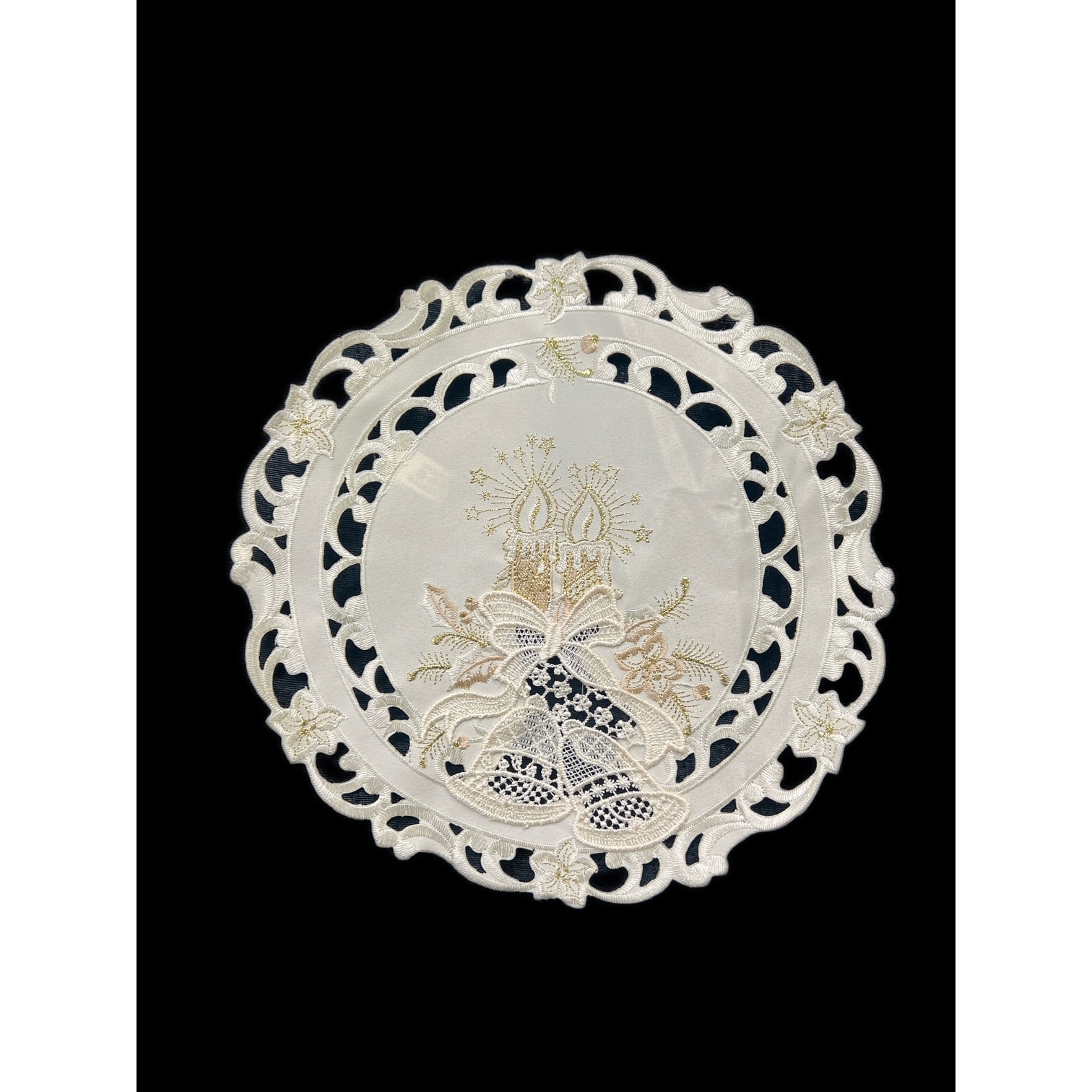Christmas Candle Beige Lace Embroidered Cutwork Round Placemat, 12-Inch diameter