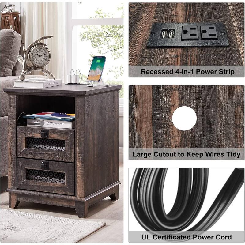 Farmhouse Nightstand with Charging Station, End Table, Side Table