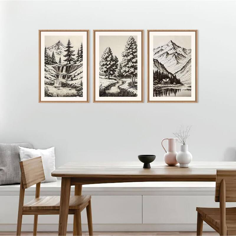 Vintage Mountain Sketch Framed Canvas Wall Art Set