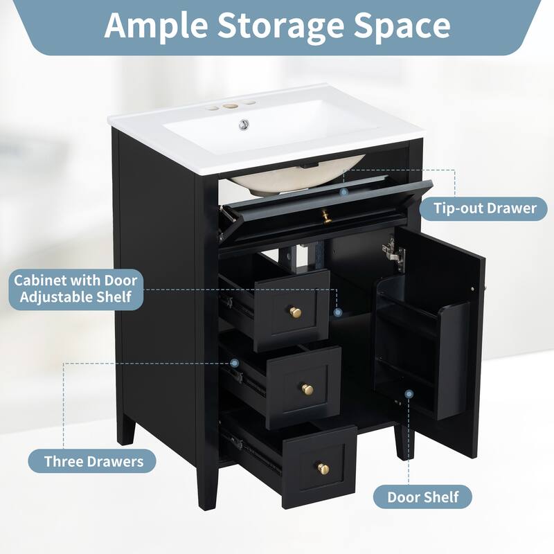 24" Bathroom Vanity with Sink, Freestanding Cabinet with 3 Drawers & Adjustable Shelf, MDF and Rubberwood Base