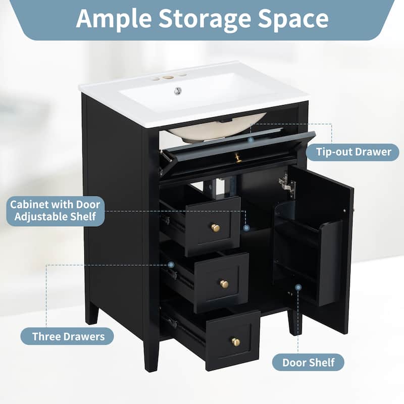 24" Bathroom Vanity with Sink Set Bathroom Storage Cabinet with 3 Drawers and Adjustable Shelves