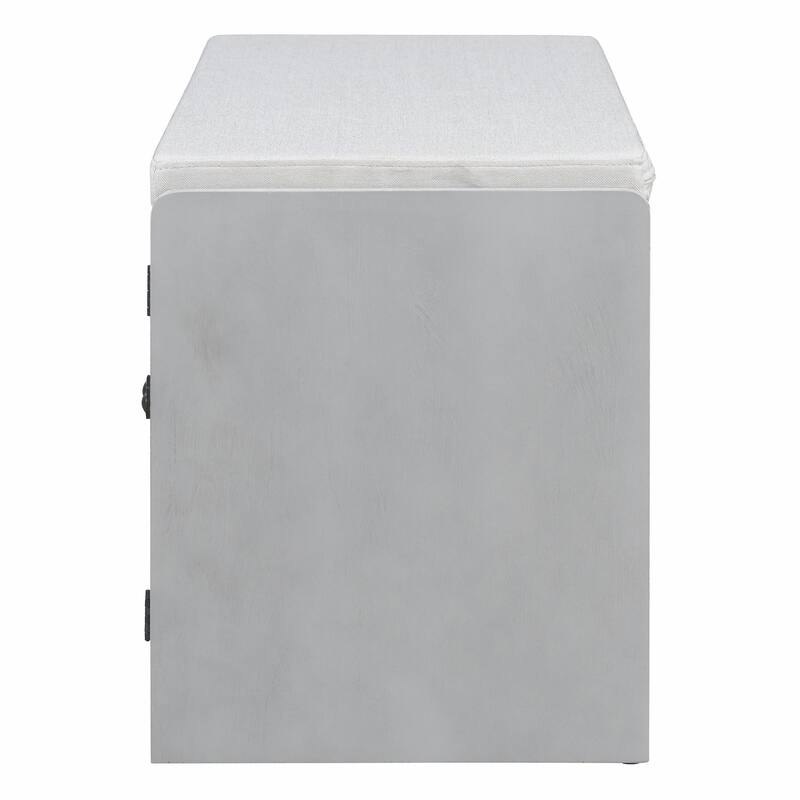 Rustic Storage Bench with Removable Cushion, Woven Rattan Doors & Adjustable Shelves