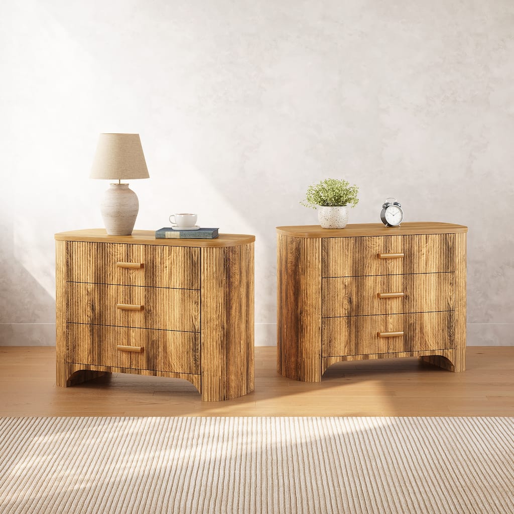 3-Drawer Fluted Nightstands, 31.5'' W Oversized Night Stand Bedside Table