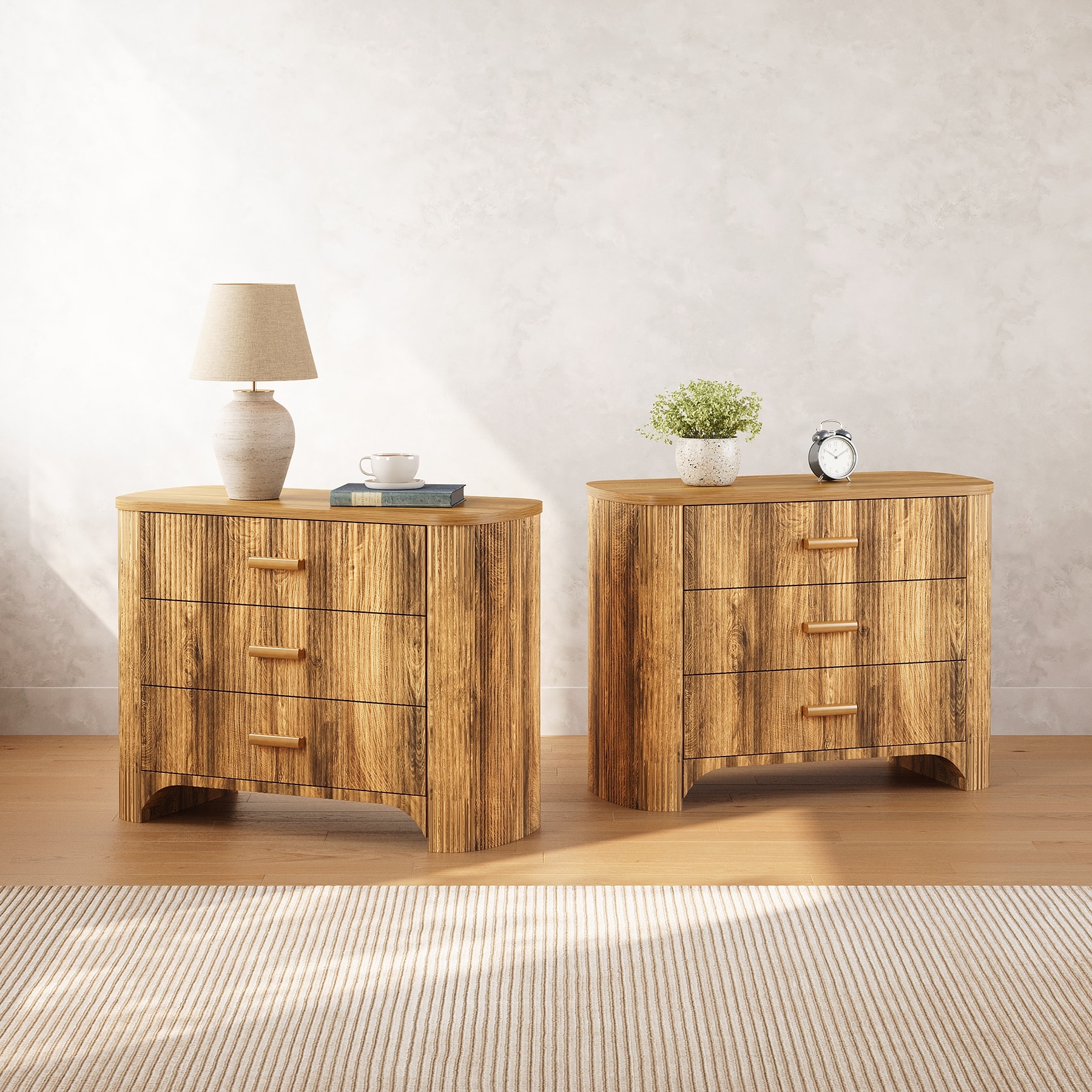 3-Drawer Fluted Nightstands, 31.5'' W Oversized Night Stand Bedside Table