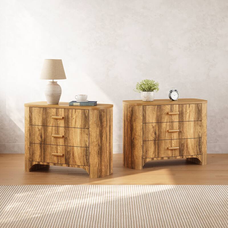 31.5" Fluted Nightstands Set, Oversized 3-Drawer Night Stand Large Bedside End Table - Light Brown