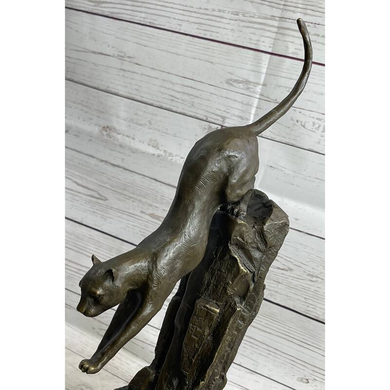 Panther Cougar Mountain Lion Cat Leaping Pouncing Down Bronze Sculpture Statue Art