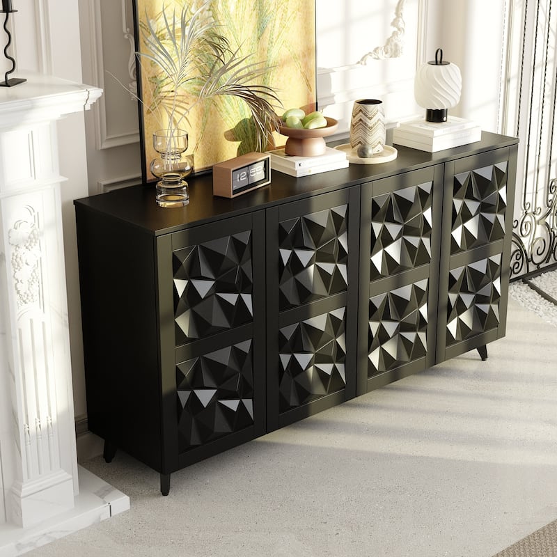 Geometric 4-Door Sideboard Buffet Cabinet with Adjustable Shelves, White Finish