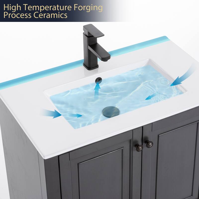 Retro Bathroom Vanity Cabinet Solid Wood Classic with Ceramic Sink