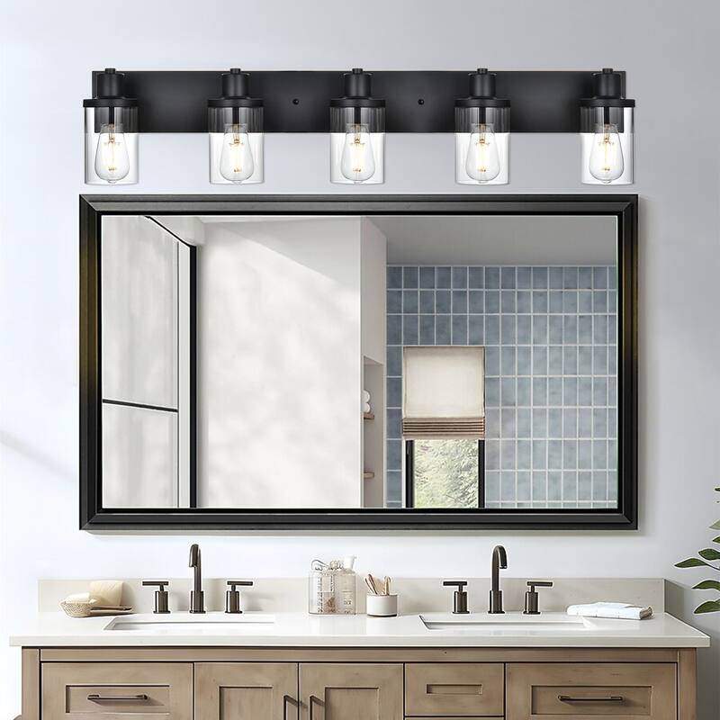 Rustic Wall Light Fixture in Matte Black Finish, 5 Light Bathroom Vanity Lighting with Clear Glass Shade, Wall Lamp Sconces