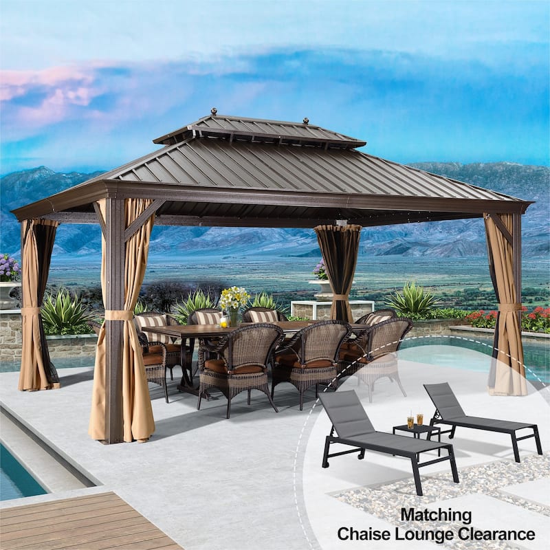 PURPLE LEAF Hardtop Patio Gazebo 12 x 16FT Galvanized Steel Roof Awning w Chaise Lounge - Khaki Curtain