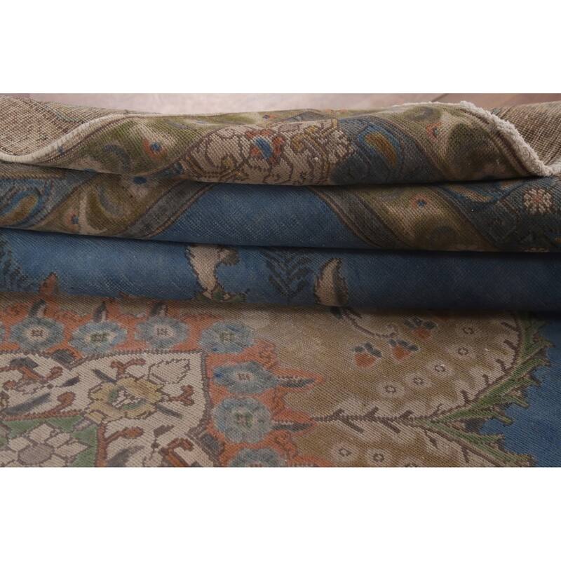 Over-Dyed Blue Tabriz Persian Vintage Rug Handmade Wool Carpet - 9'10"x 13'0"