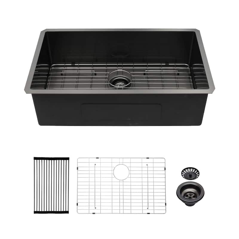 Undermount Single Bowl Stainless Steel Kitchen Sink with Workstation - Black