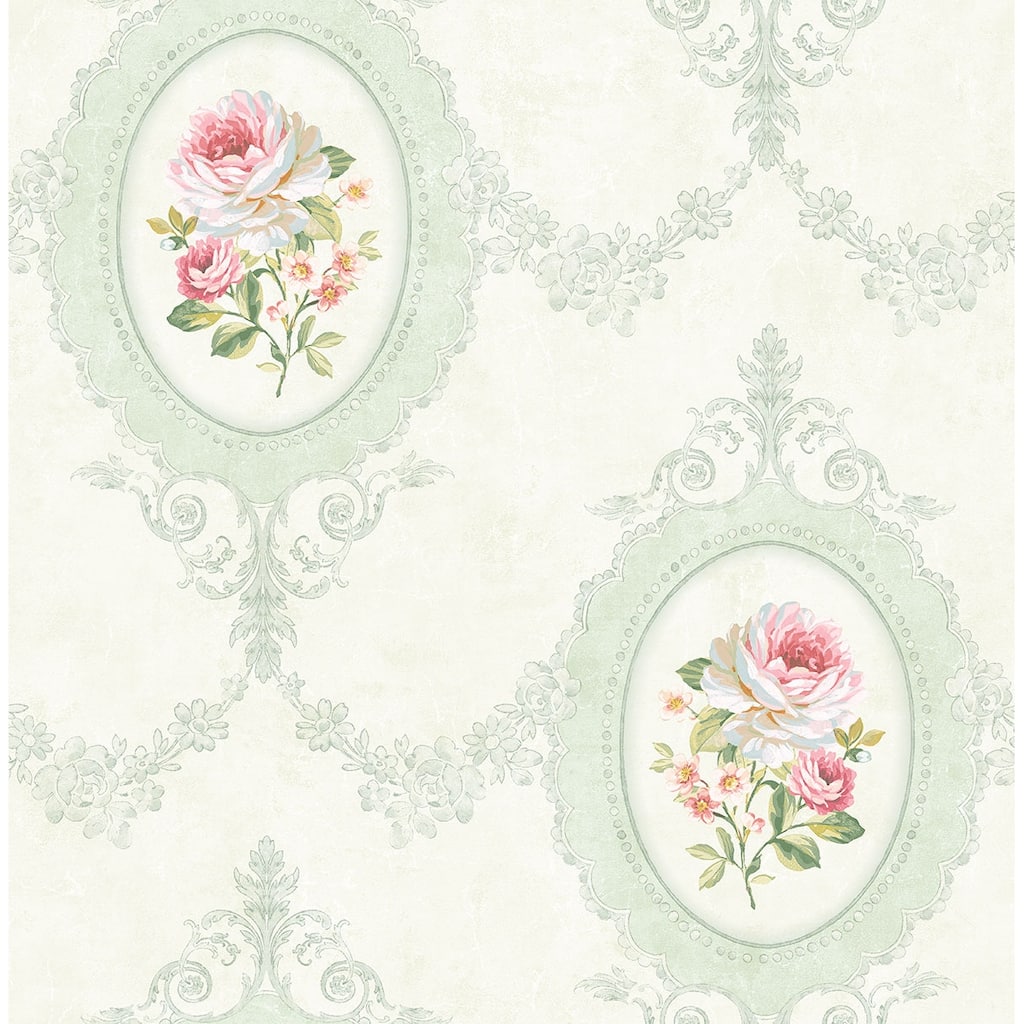 Seabrook Designs Aubrey Framed Rose Toile Unpasted Wallpaper