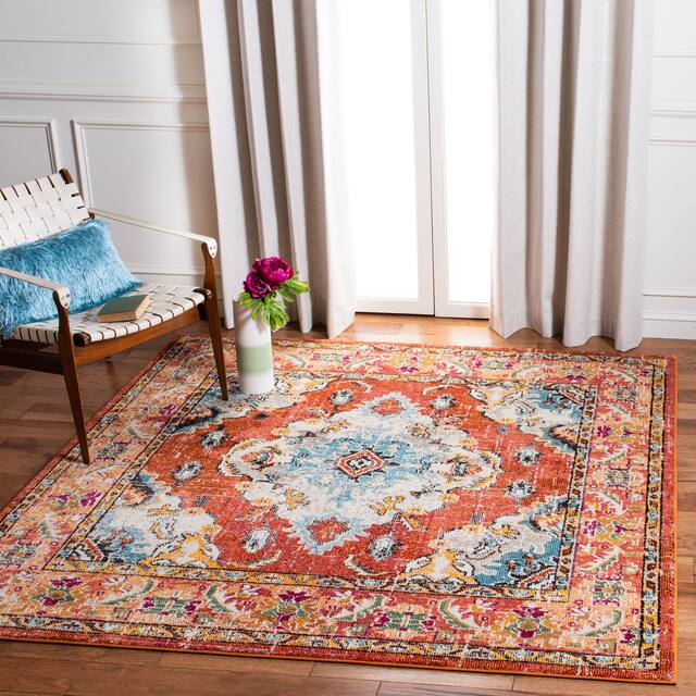 SAFAVIEH Monaco Lillie Boho Medallion Distressed Area Rug - 9' x 9' Square - Orange/Light Blue