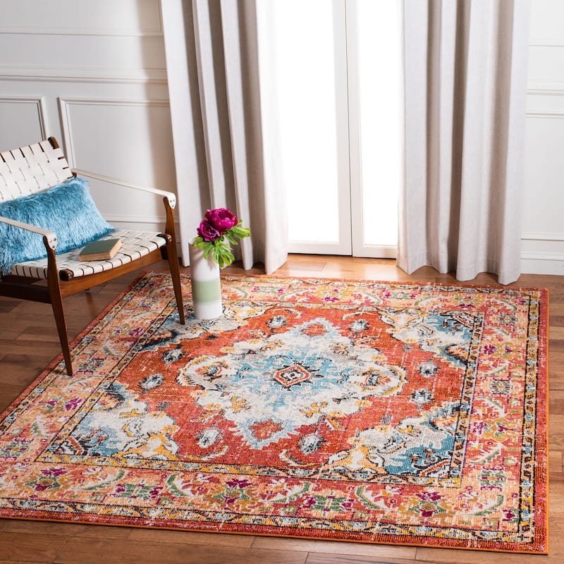 SAFAVIEH Monaco Oceane Boho Medallion Distressed Area Rug - 6'7" Square - Orange/Light Blue