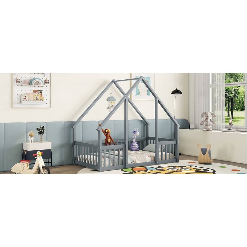 Roomfitters Twin/Full Wood House-Shaped Floor Bed with Fence and Guardrails, Low Profile Platform Bed, No Box Spring Needed