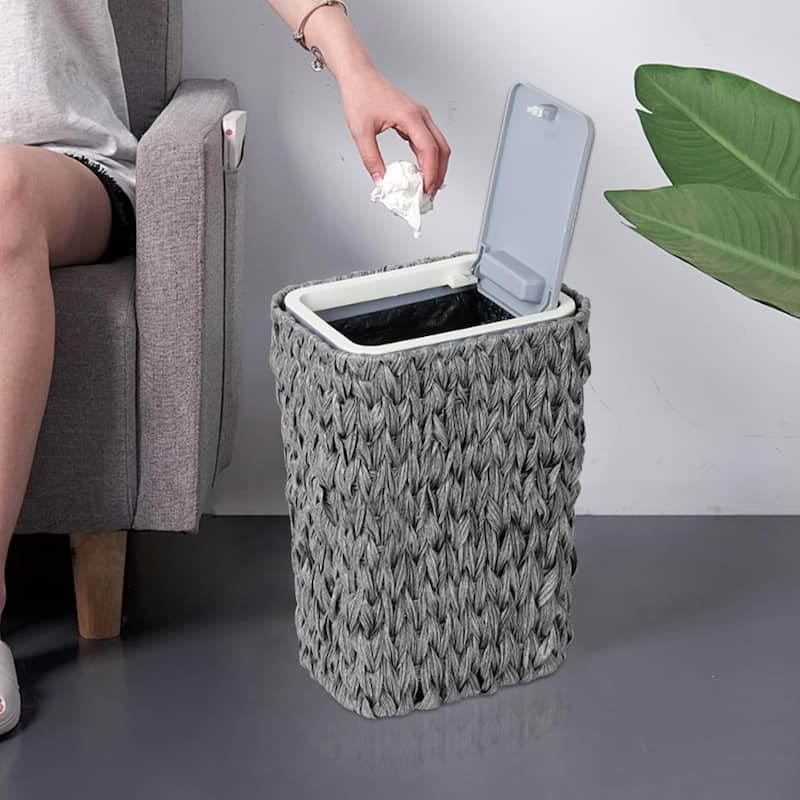 Small Bathroom Trash Can with Lid 2.6 Gallon Rattan Press Top Double Deck Slim Wicker for Bathroom Kitchen Office Gray