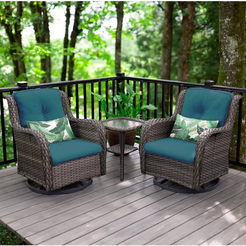 All Weather Outdoor Rocking Swivel Chairs 3 Pieces Patio Conversation Furniture Set with Wicker Swivel Chairs and Side Table