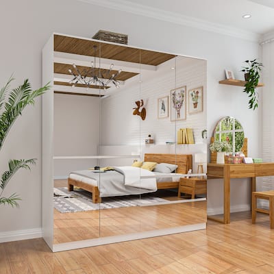 Modular Wardrobe (White with All Mirror) Closet Cabinet Armoires