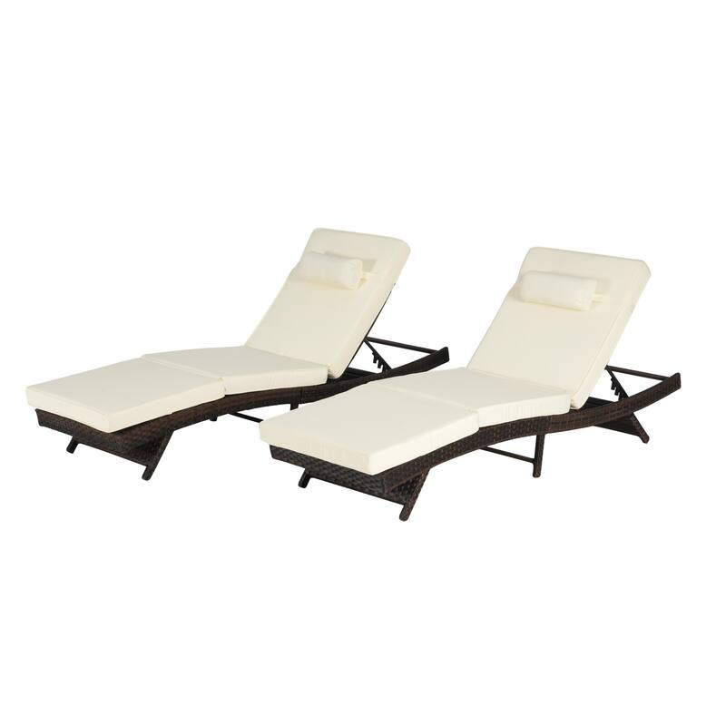 2 Piece Outdoor Wicker Long Reclining Chair Set, Sunbathing Recliner for Beach Poolside Garden