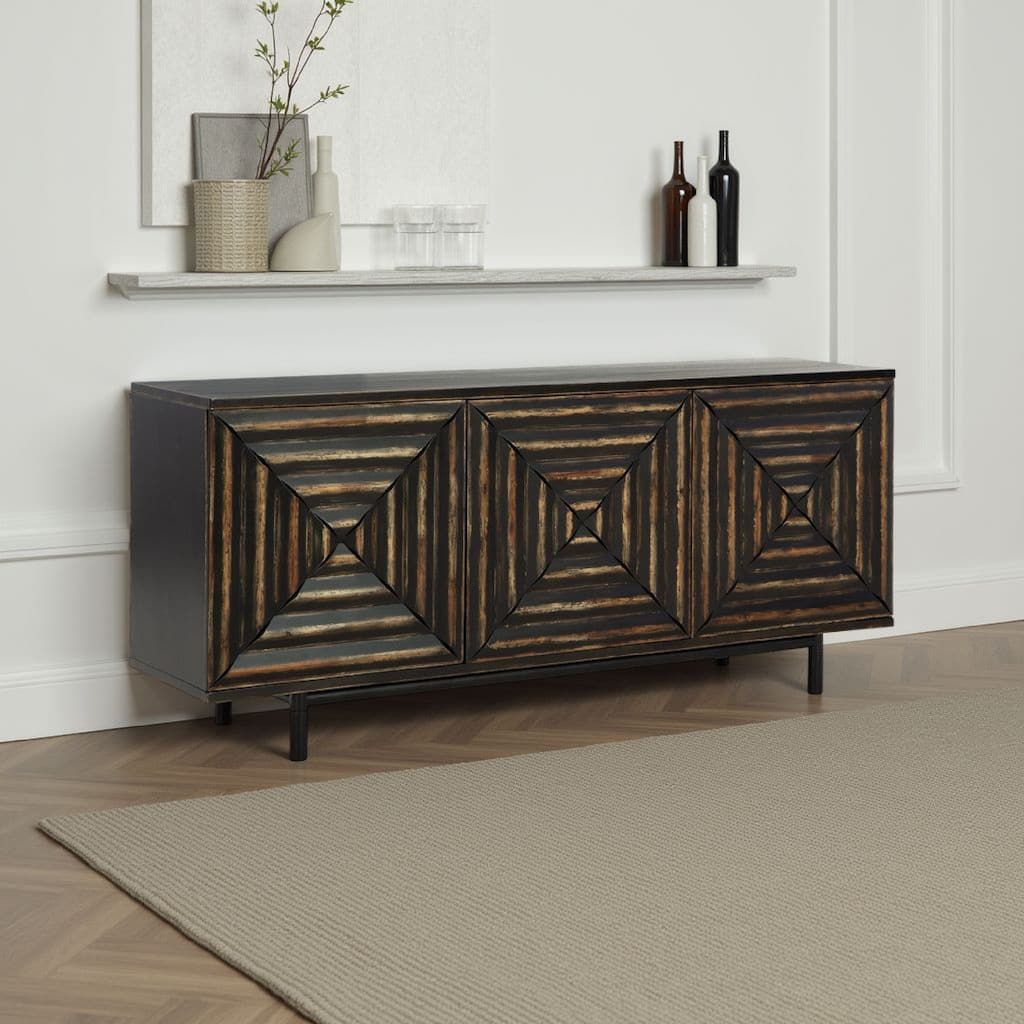 Sideboard Cabinet Console, 72 Inch, 3 Wood w Geometric Inlay, Black