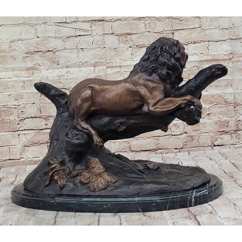 Lion Resting On A Branch - Bronze Sculpture Statue Wildlife Decor By J. Moigniez