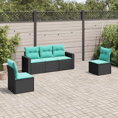 vidaXL 5/6 Piece Patio Sofa Set with Cushions Black Poly Rattan - 21.7" x 24.4" x 27.2"