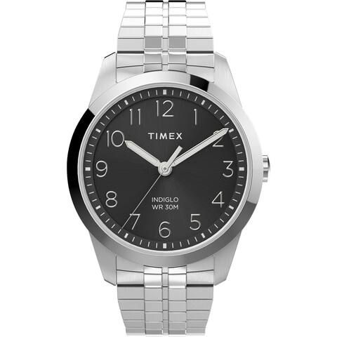Timex Men's South Street Sport 36mm Perfect Fit Watch - Silver-Tone Case Black Dial with Silver-Tone Expansion Band