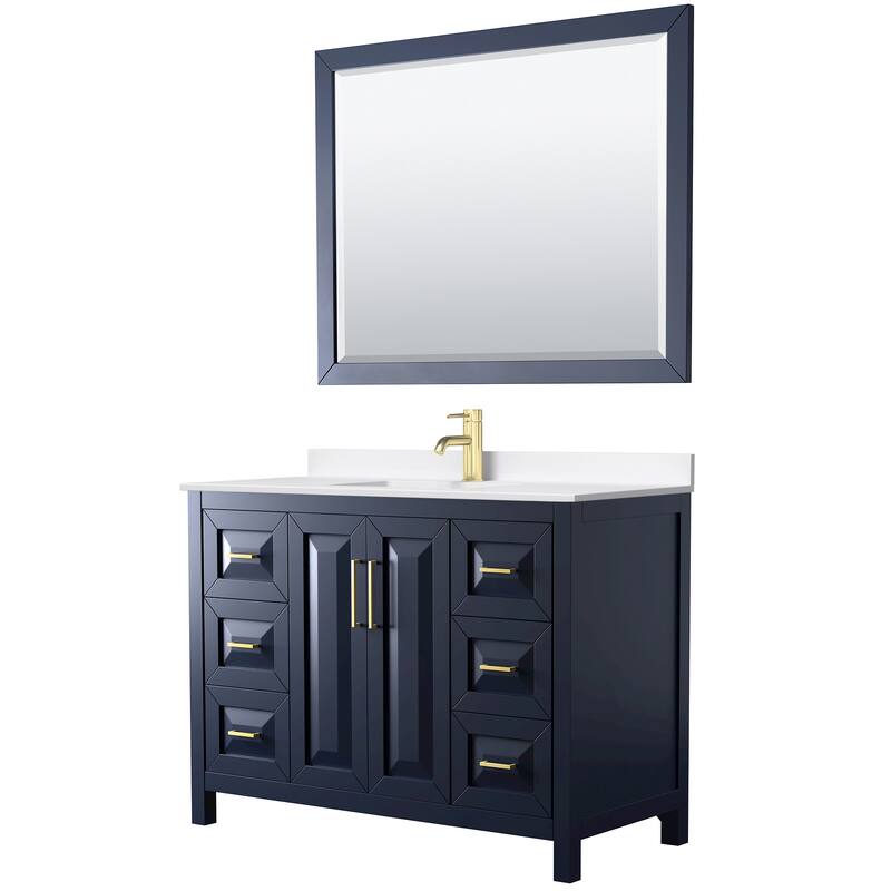 Daria 48-inch Single Vanity, Single Hole Quartz Top, 46-inch Mirror - Dark Blue, Gold Trim, White Quartz Top