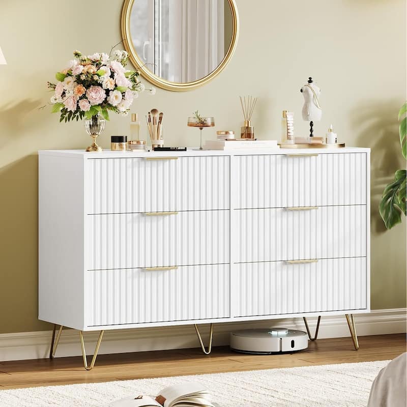 47" Wide Modern Fluted Dresser for Bedroom with 6 Drawers - White