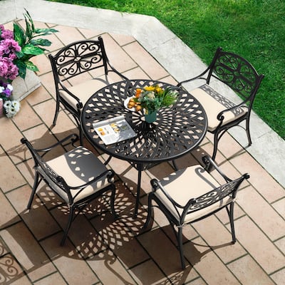 Patio 5 Pieces Cast Aluminum Dining Set with Umbrella Hole and Cushions
