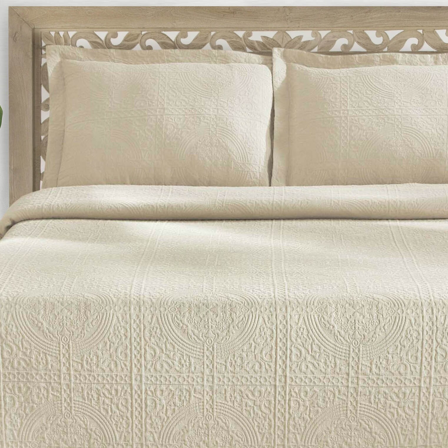 Ivory SUPERIOR Jacquard Matelasse Fleur De Lis 100% Cotton Medallion 3-Piece Bedspread Set Full