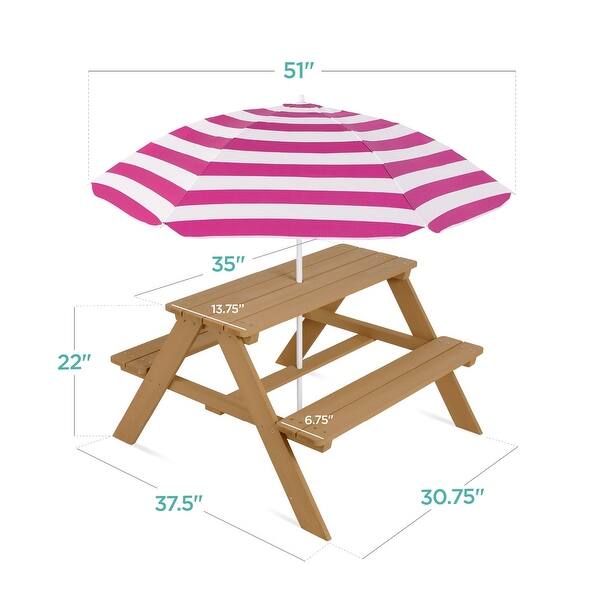 dimension image slide 1 of 2, Kids Wooden Outdoor Picnic Table w/ Adjustable Umbrella, Built-In Seat