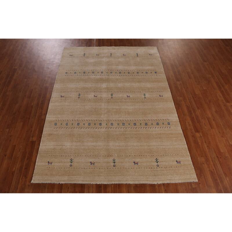 Hand Knotted Oriental 100% Wool Carpet Tribal Animal Pictorial Yellow & Gold Gabbeh Area Rug - 8' 9'' X 6' 2''