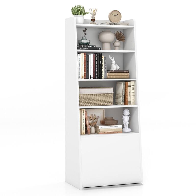 Gymax 6-tier Bookcase w/ 2 Adjustable Shelves Filp-up Door 5 Open - White
