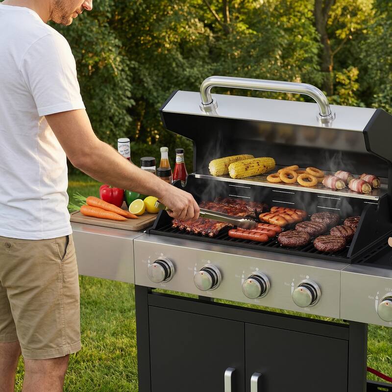 4-Burner Outdoor Gas Grill with Side Burner, 304 Stainless Steel Tabletop & Lid, Portable for Patio, Garden, Backyard