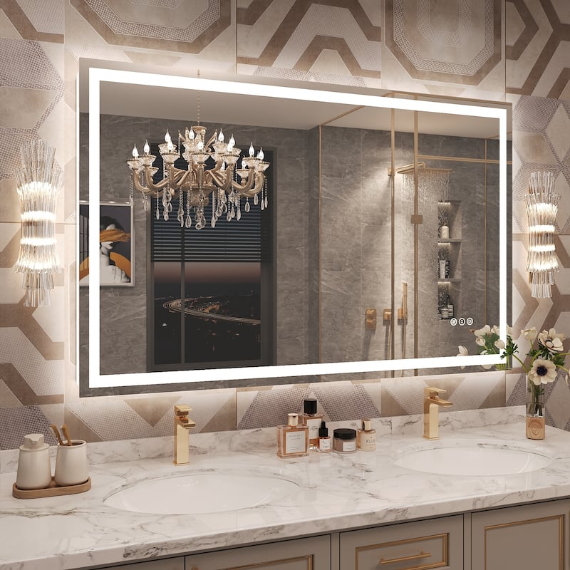 Frameless LED Front Light and Backlit 3 Colors Dimmable Anti-Fog Wall Bathroom Vanity Mirror - 51" x 32"-Square Corner