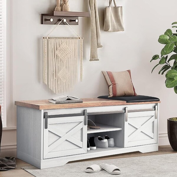 47 inch Shoes Bench with Sliding Barn Door Storage Cabinet