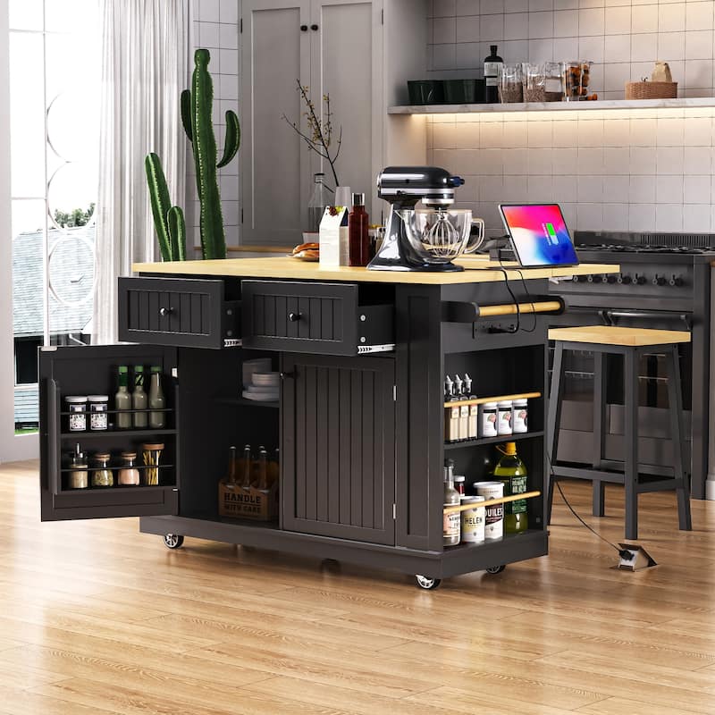 48" Large Kitchen Island with Drop Leaf,Power Outlet,For Kitchen,Dining Room(Not Include Stools)