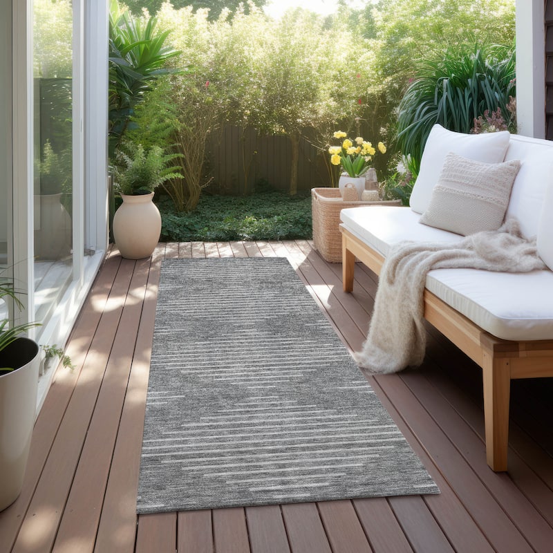 Machine Washable Indoor/ Outdoor Modern Stripe Chantille Rug - Charcoal - 2'3" x 7'6"