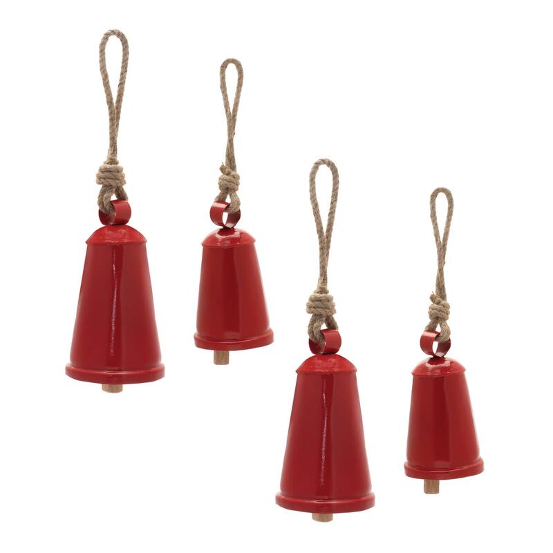 HomeRoots Set of Four Red And Natural Holiday Bell Shaped Ornaments
