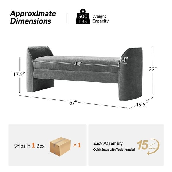 dimension image slide 3 of 4, Elizabeth Modern Chenille Fabric Upholstered Bench with MInimal Assembly By HULALA HOME