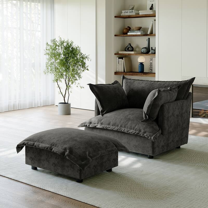 39"W Oversized Chenille Comfy Cloud Chaise Lounge with Ottoman