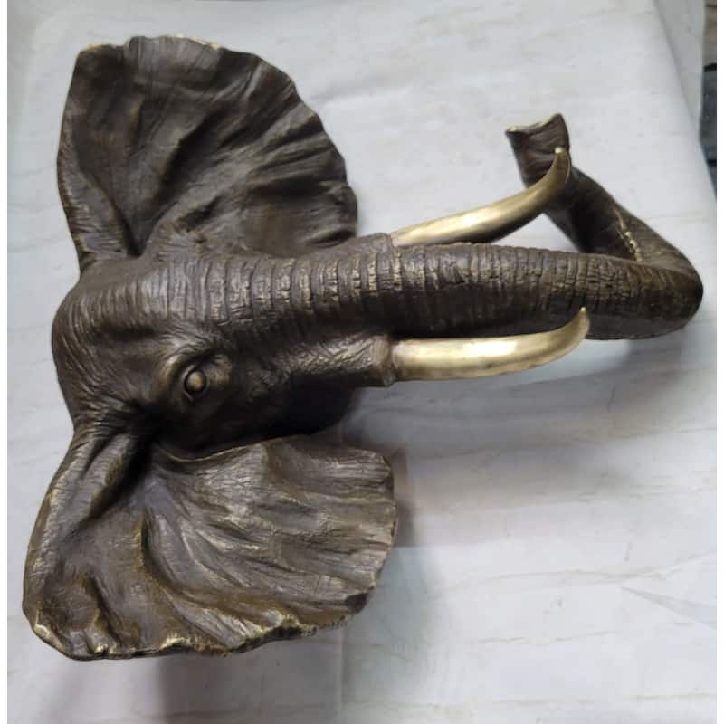 Wall Mounted Hanging Bronze Imitative Elephant Head Bust Sculpture Statue Decor Signed Original Art
