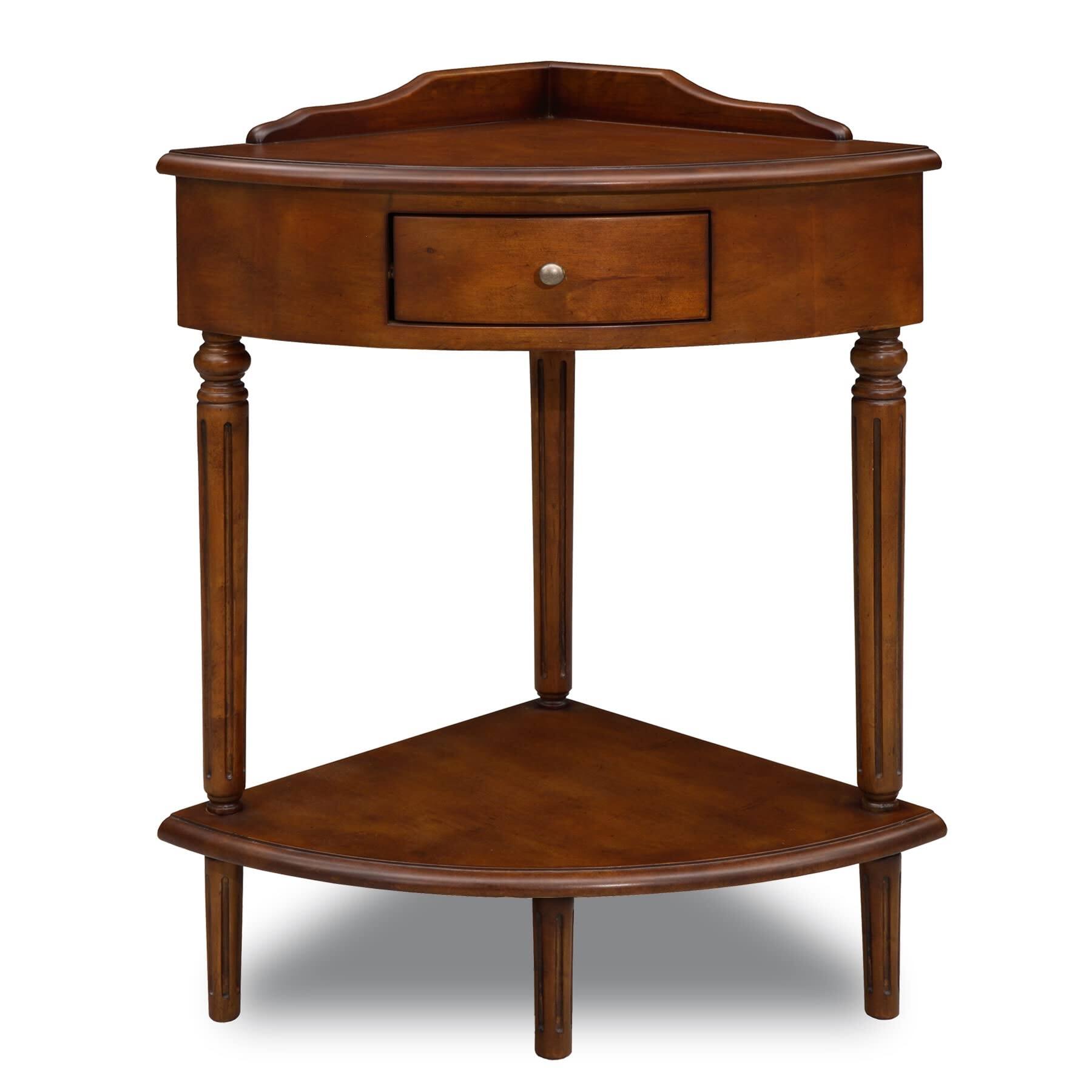 9016 One Corner Accent Table with Drawer and Lower Display Shelf, Pecan