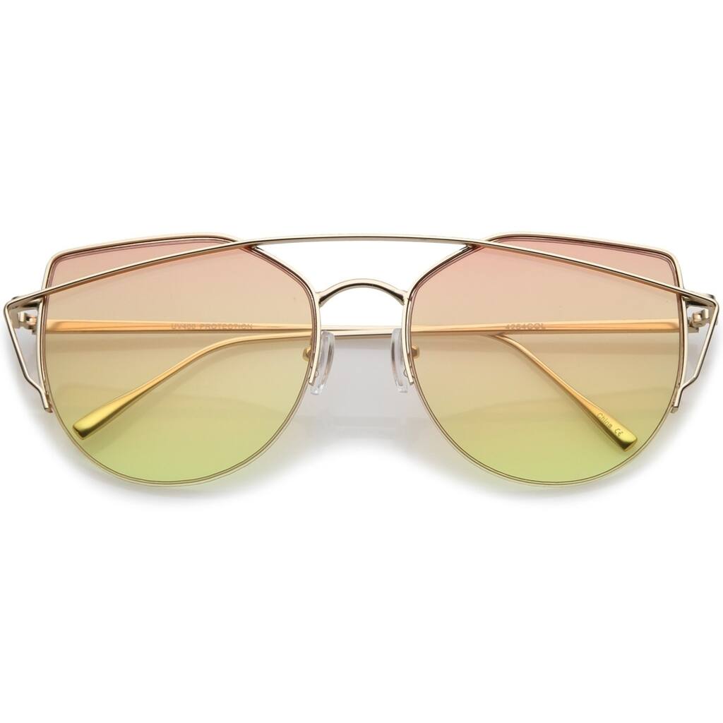 Womens Semi Rimless Metal Brow Bar Round Colored Flat Lens Cat Eye Sunglasses