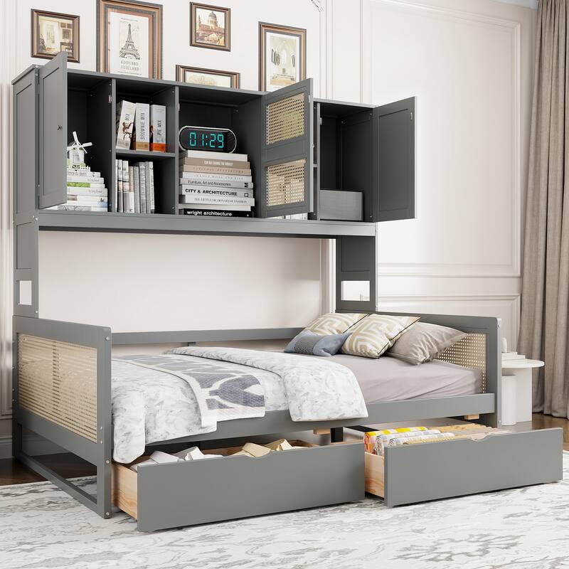 Full Size Wooden Daybed with 2 Drawers and All-in-One Cabinet and Shelf for Practical Bedroom Storage, Platform Bed Frame