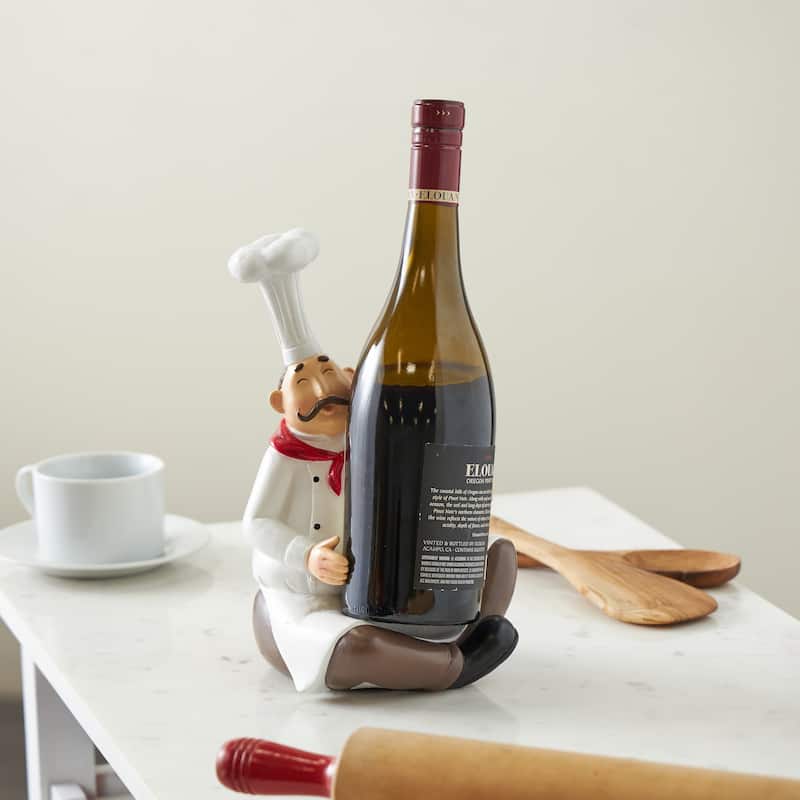 Polystone Chef Kitchen Decorative Figurine Single Bottle Wine Holder with Red Accents - White - Roche River Decor