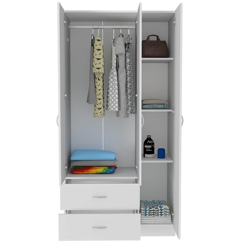 18.5" Modern Three-door Armoire with Hanging Rod, Two Bottom Drawers and Four Interior Shelves